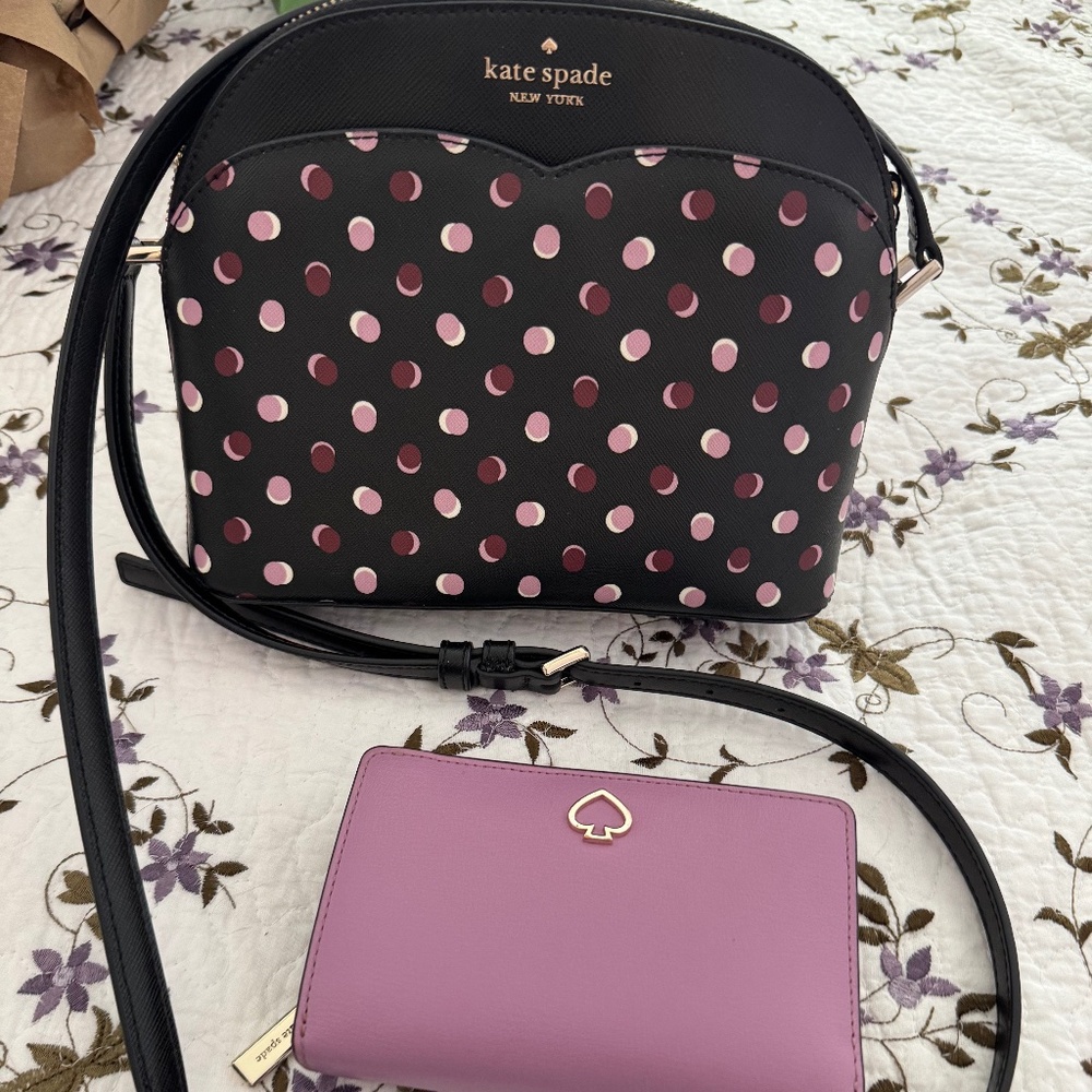 kate spade Black Crossbody Bag with Pink Polka Dots